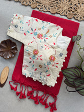 Designer Red Khadi Cotton Handloom Saree + Ready Stitched Blouse